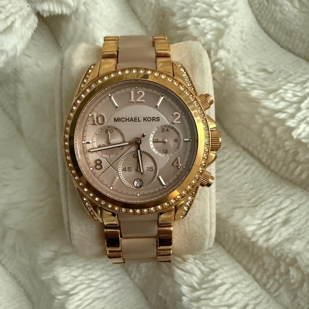Michael Kors Gold and Light Pink Shell Chronograph Watch